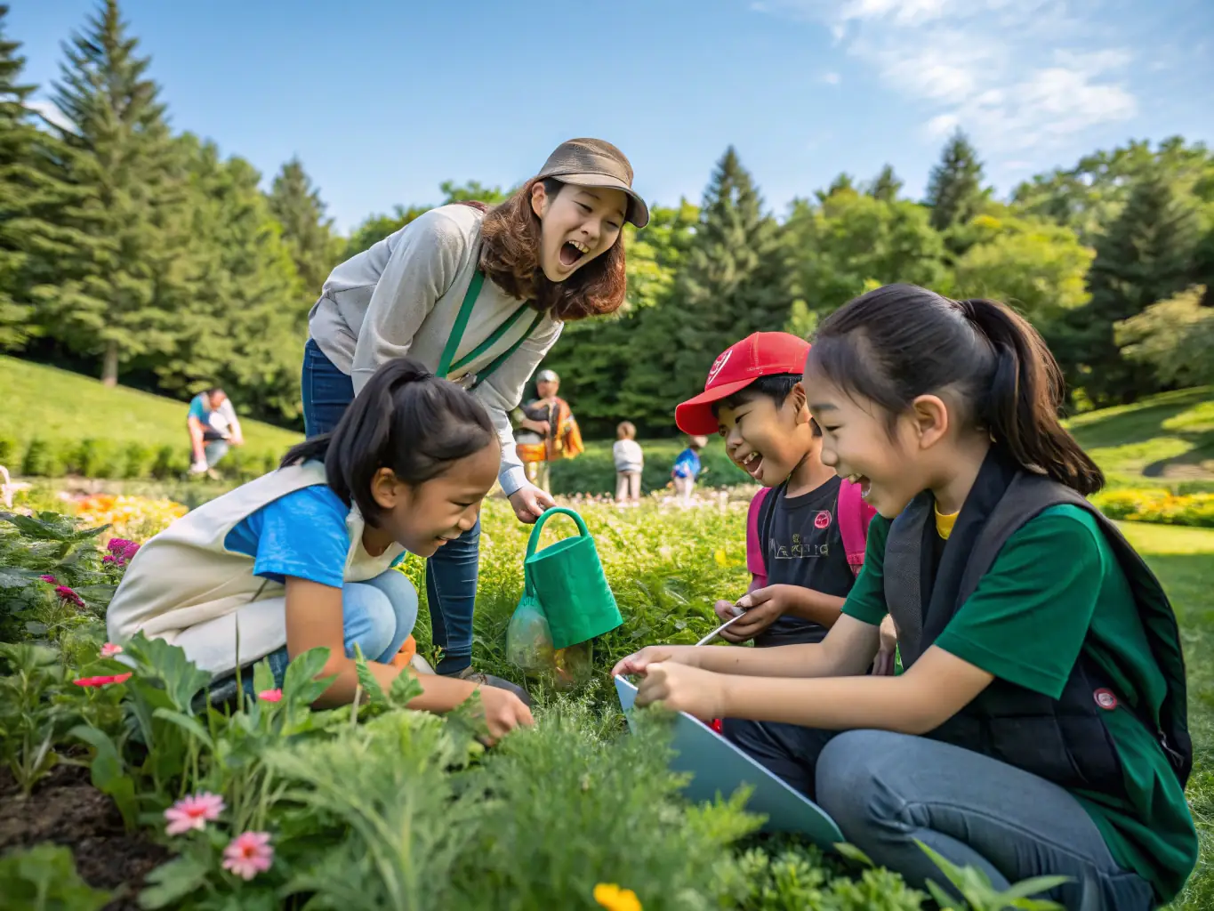 A group of children participating in a nature walk, led by an instructor from LA TRIBU DES CIMES, focusing on identifying local plant species and understanding their ecological roles.