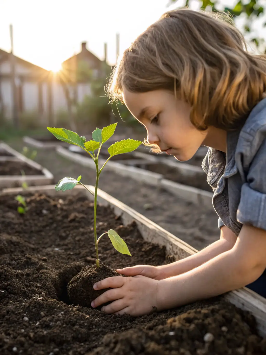 A close-up shot of a child's hands carefully planting a sapling in fertile soil, symbolizing growth and environmental stewardship.