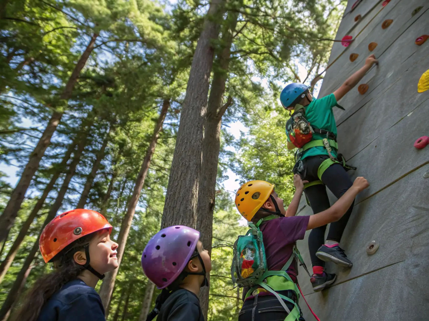 A group of people of various ages learning how to safely climb a tree with ropes and harnesses, guided by an experienced instructor. The setting is a lush forest with tall trees.