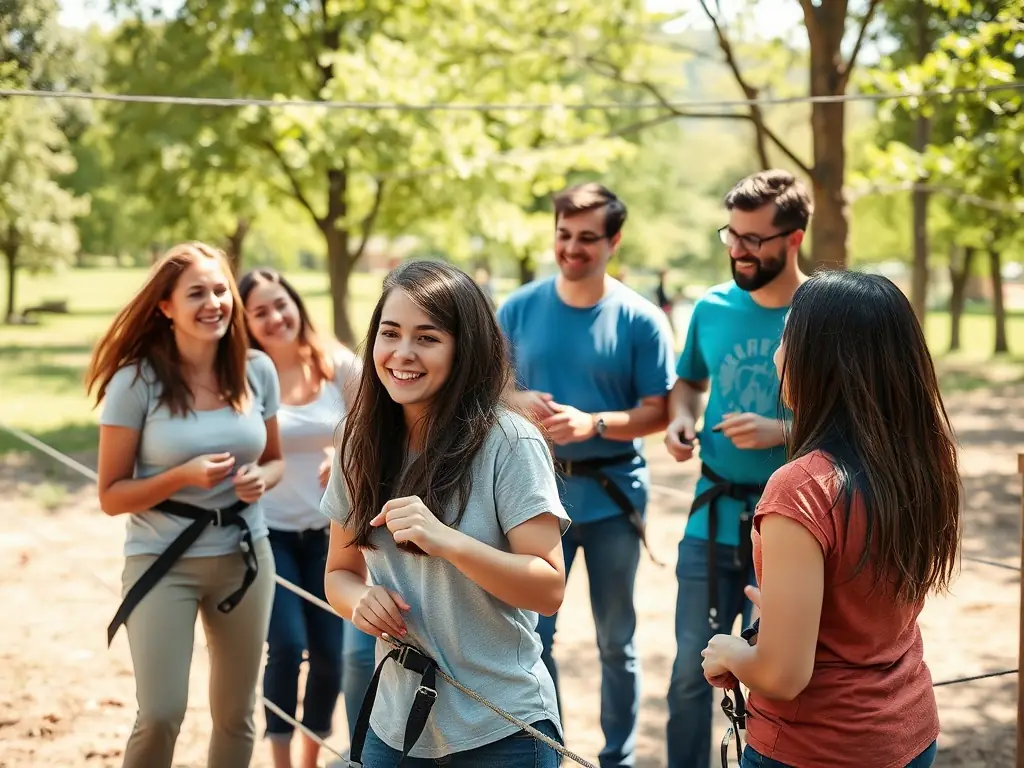 A group of people participating in an outdoor team-building activity, facilitated by LA TRIBU DES CIMES, in a natural setting, promoting collaboration and environmental awareness.