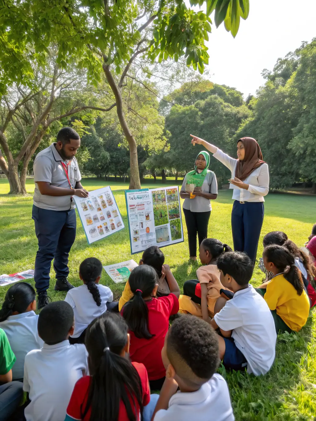 A diverse group of participants engaged in a hands-on ecological activity in a vibrant natural setting, with educational materials and interactive elements.