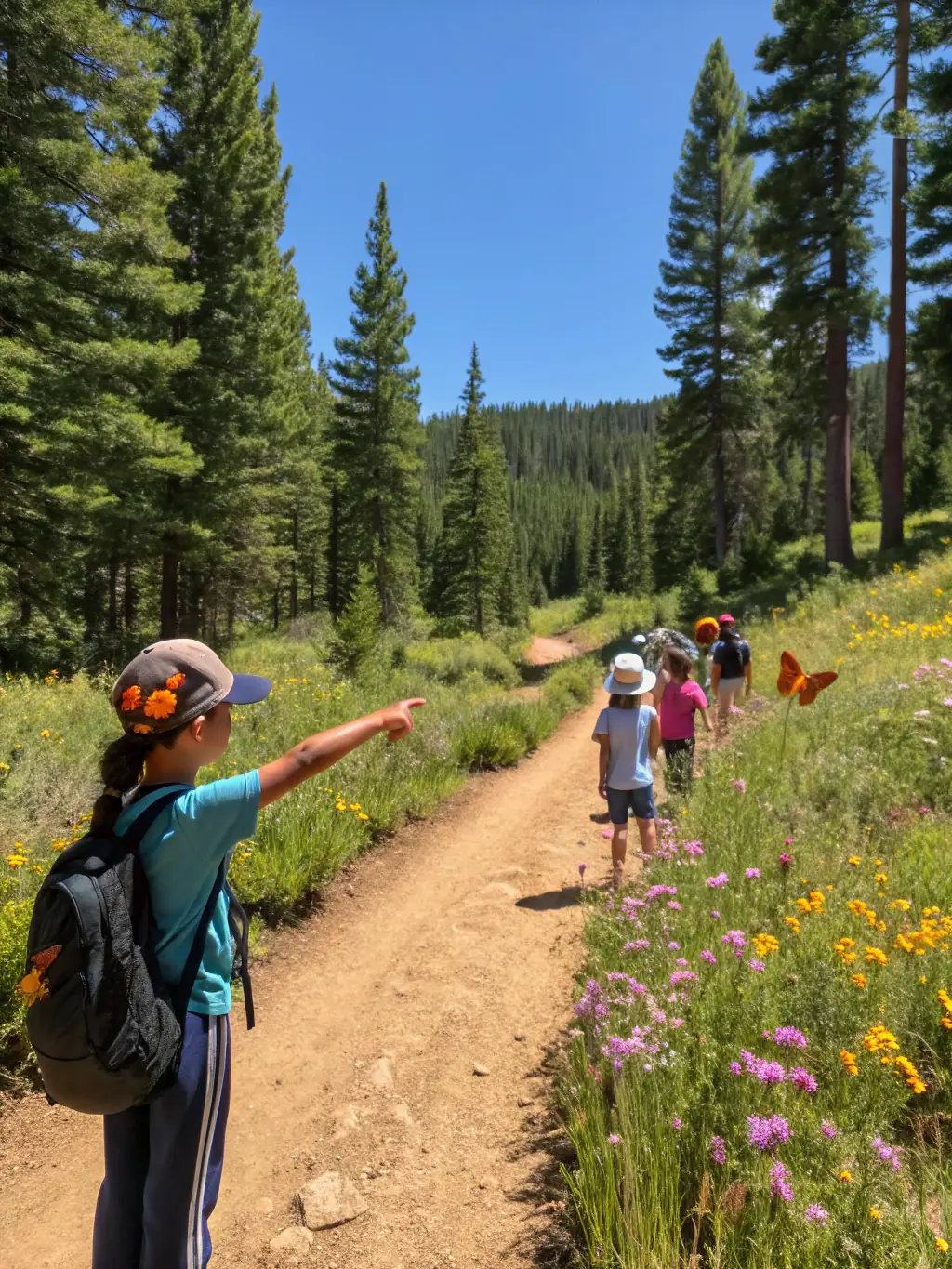 A scenic view of a group participating in a guided nature walk, learning about local flora and fauna from an expert guide.