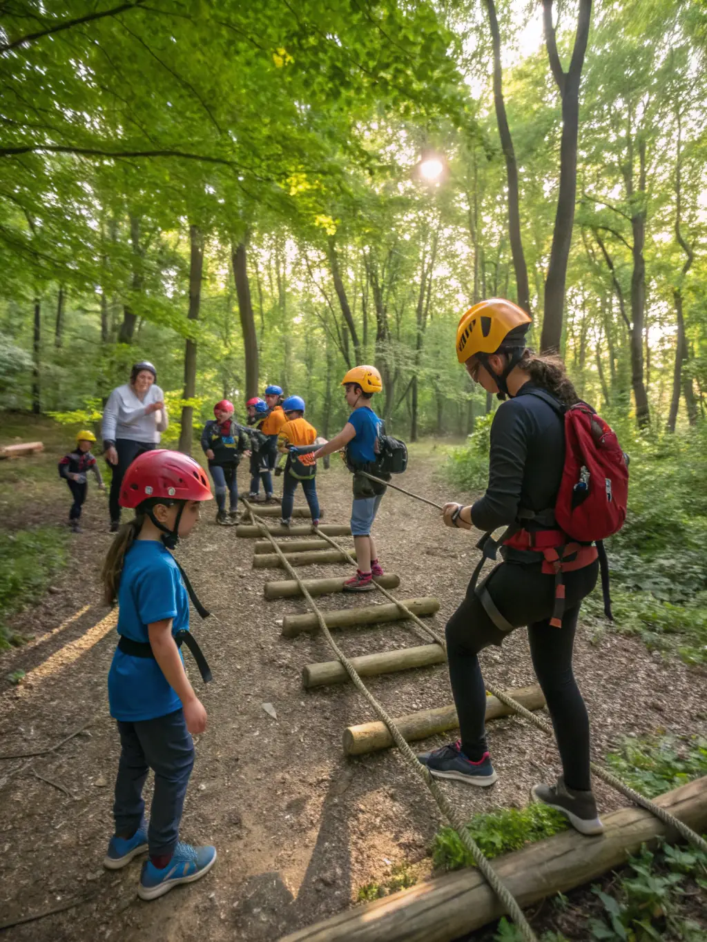 Participants learning safe tree climbing techniques during a workshop, with instructors demonstrating proper use of equipment and safety protocols.