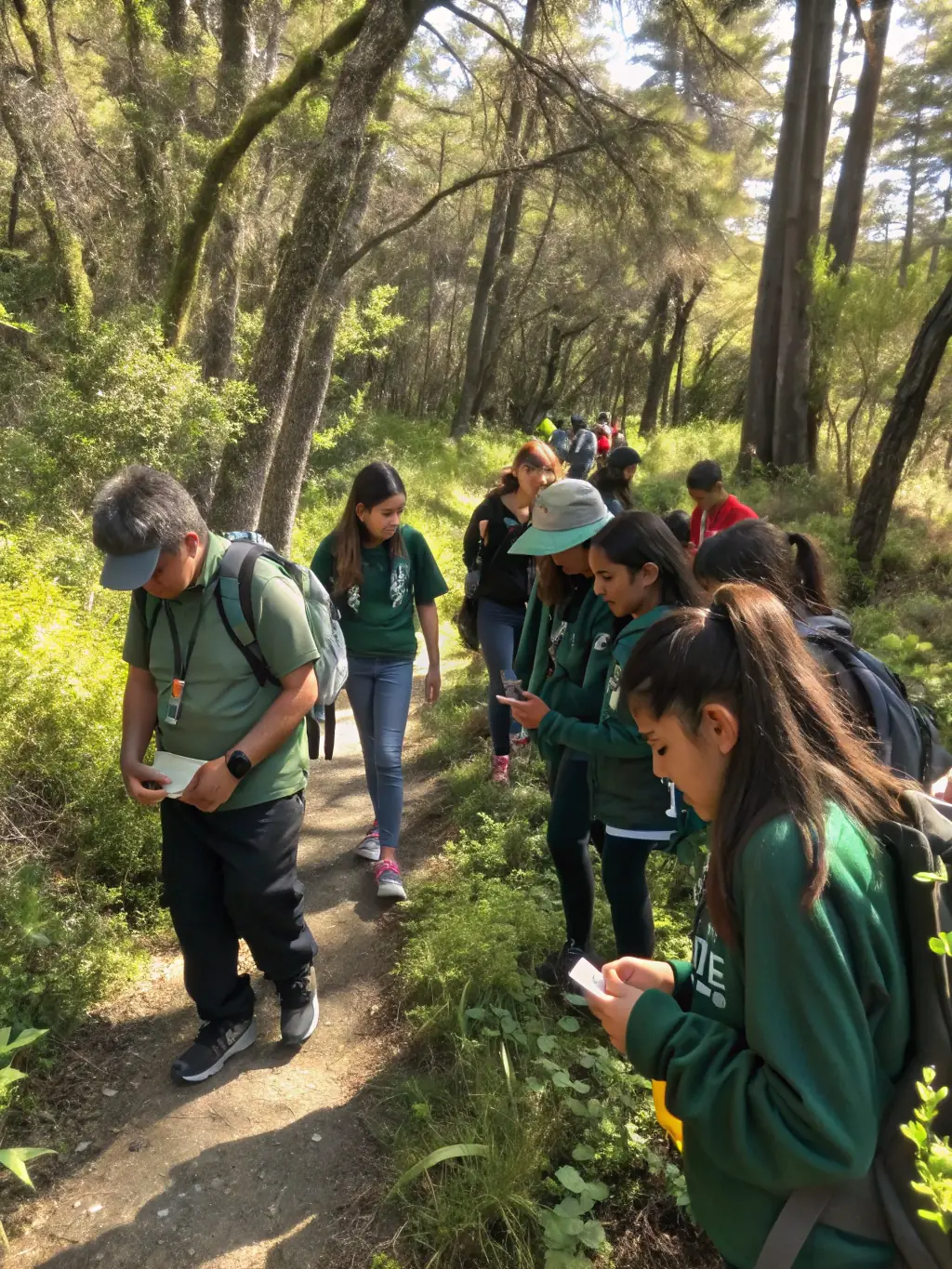 A group of children participating in a guided nature walk, led by an instructor from LA TRIBU DES CIMES, exploring a forest trail and observing local flora and fauna.