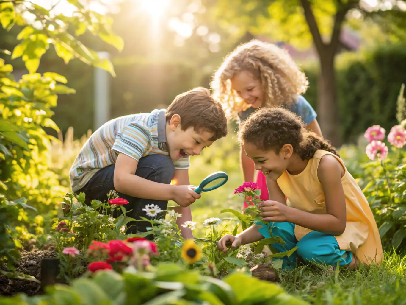 A group of children playing an ecological game outdoors, learning about environmental concepts in a fun and interactive way. The setting is a sunny meadow with trees in the background.