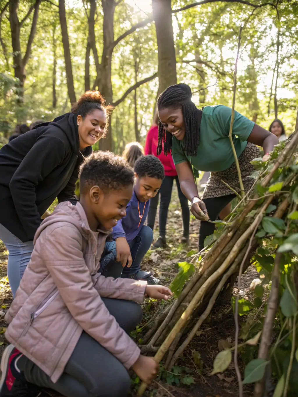 A group of people participating in a workshop on building birdhouses, learning about providing habitats for local bird species, guided by LA TRIBU DES CIMES.