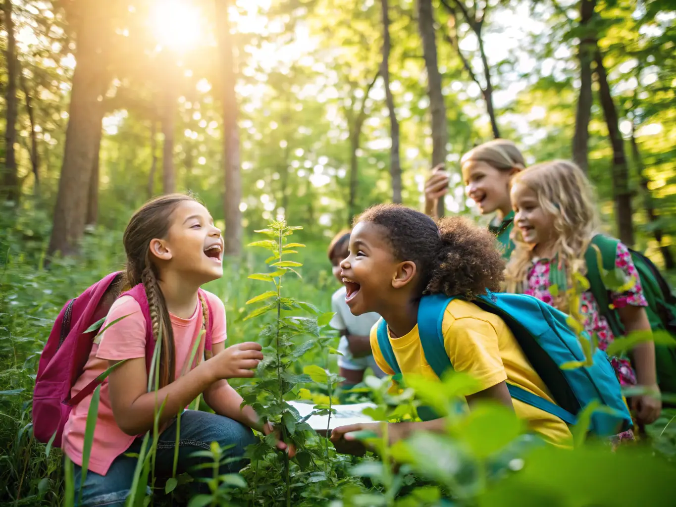 A group of children participating in a guided nature walk, observing plants and insects in a forest setting. The scene is bright and educational, emphasizing hands-on learning and exploration.